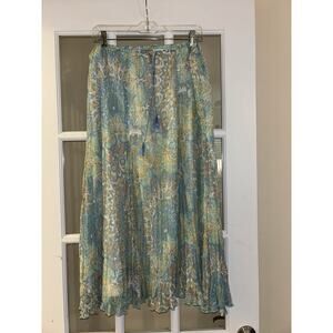 Ruby Rd Pleated maxi skirt paisley pattern blue yellow tassels design size large